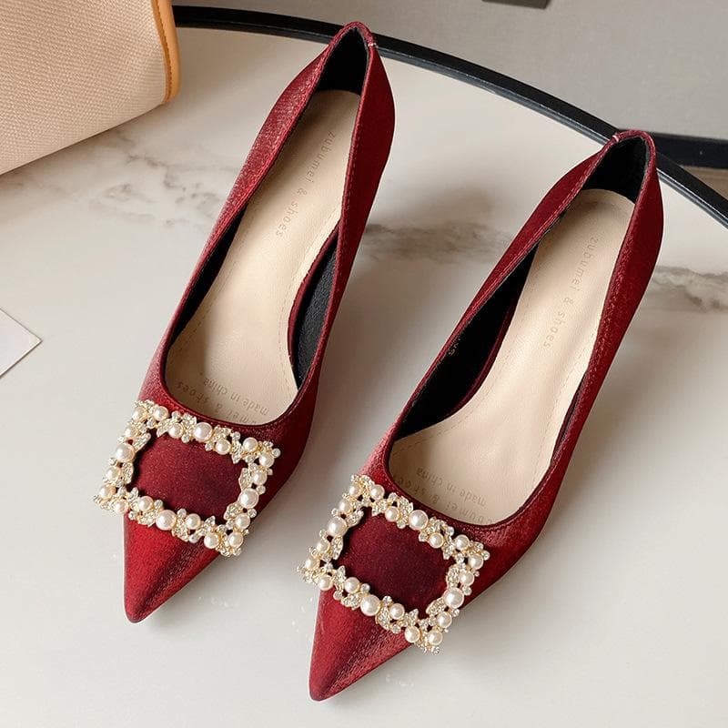 Fairy Style Pearl Square Buckle Stiletto Single Shoes Female Pointed Toe High Heels Wedding Temperament White Wedding Shoes 40