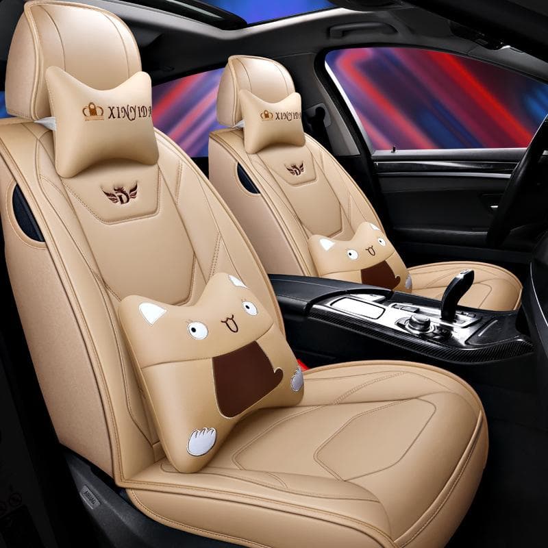 New Upgrade Luxury PU Leather Full Front Seat Cover Waterproof Durable Breathable Universal Protector Front Seat Cushion Pad (Only Seat Cover) One Seat beige