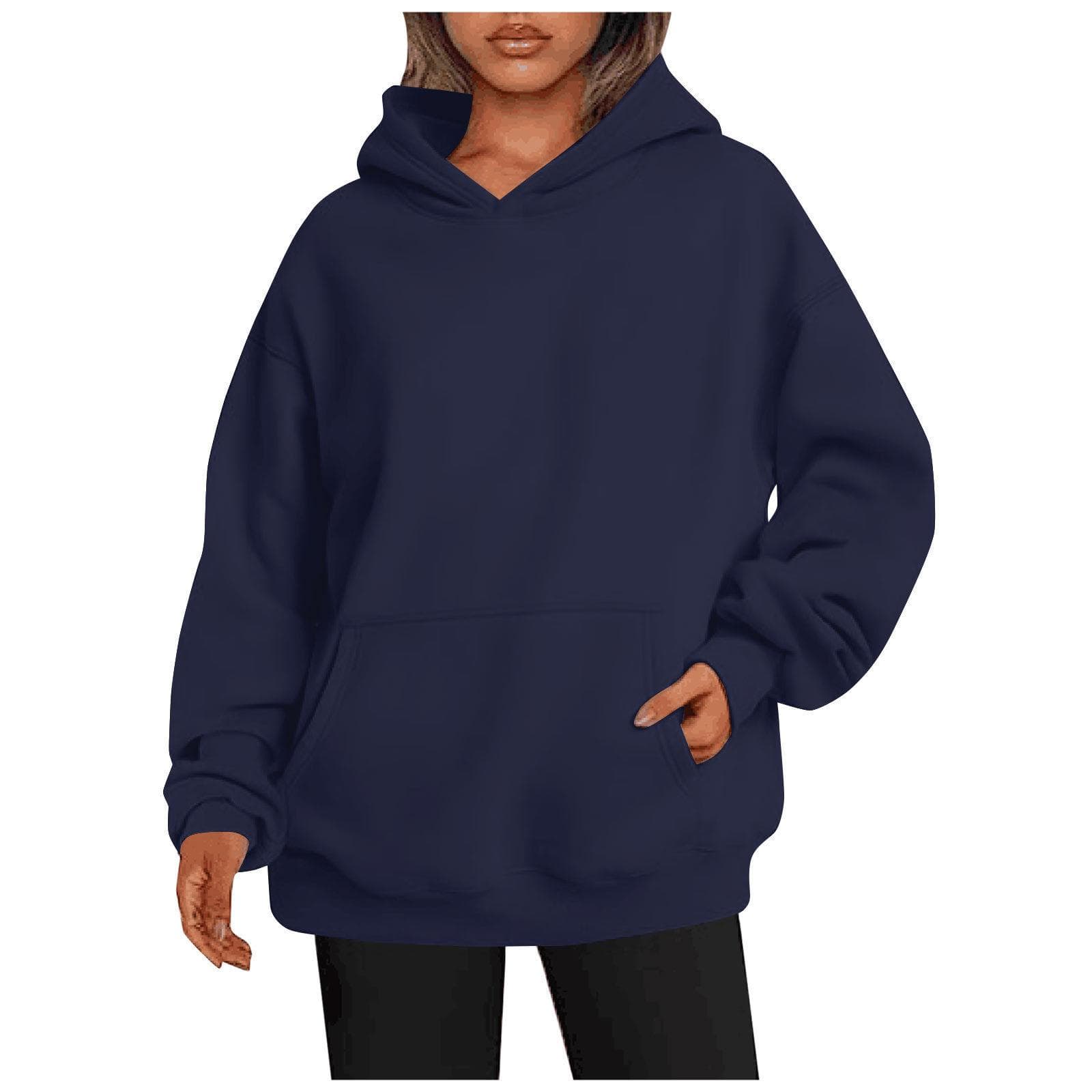 Women's Hooded Pullover Sweatshirt Solid Color Oversized Loose Casual Fleece Sweatshirt L navy blue