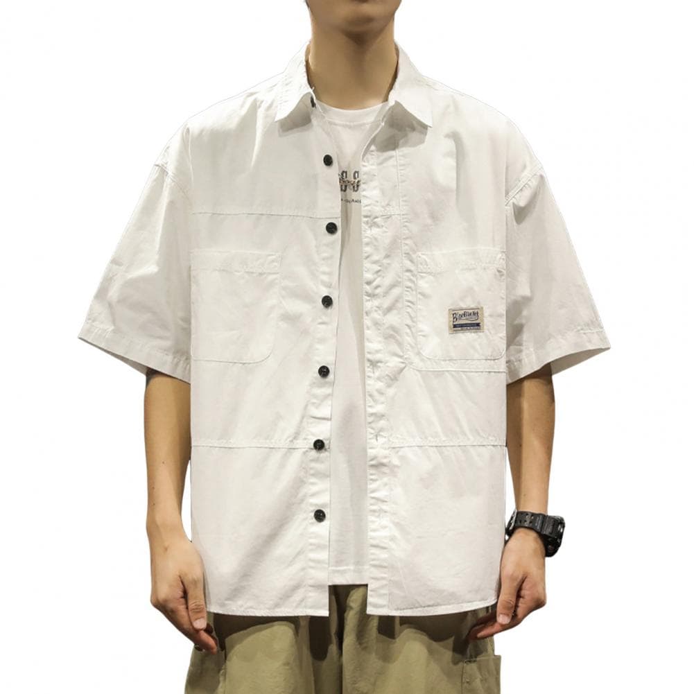 Spring Men Cargo Shirt Turn-down Collar Single-breasted Loose Mid Length Solid Color Chest Pocket Breathable Soft Short Sleeves M white