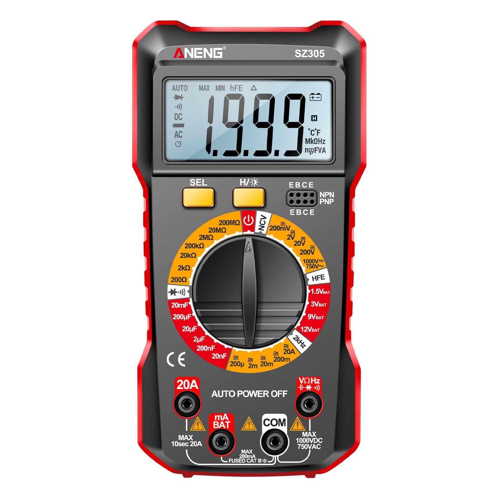 ANENG SZ305 Multimeter Capacitor Testers Professional 1999 Counts Smart Voltmeter Ohm Meter Fast red
