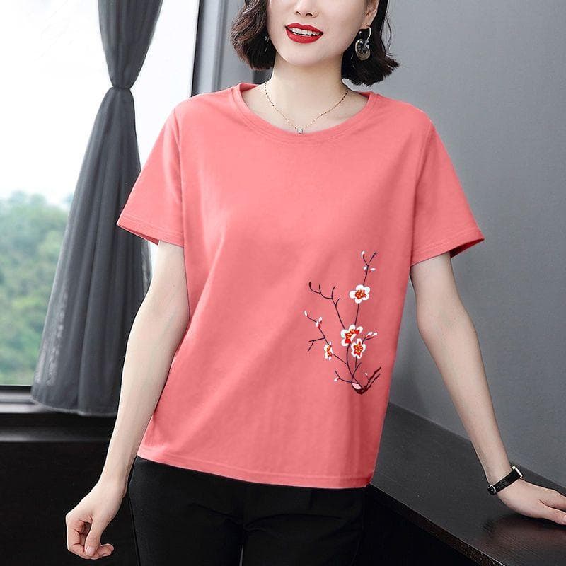 Women's Short-sleeved Cotton Short-sleeved Loose Solid Color T-shirt Round Neck Comfortable Tops 4XL pink