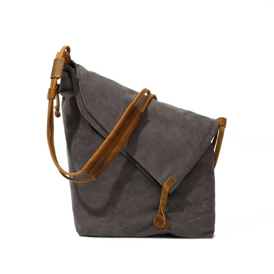 Vintage Canvas Bag European and American Style Cloth Bag Trend Men's and Women's Canvas Bun Head Layer Cowhide Shoulder Bag Oblique gray