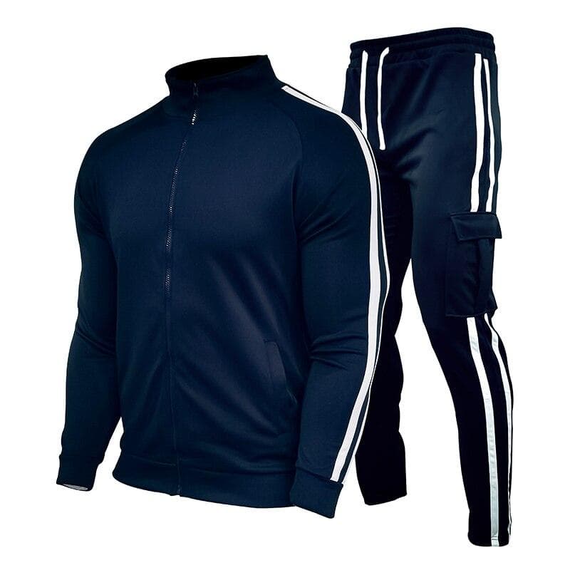 Fashion Men's Two-Piece Striped Sportswear Men's Zipper Top Outdoor Sports Pants Track Suit Suit 2XL navy blue