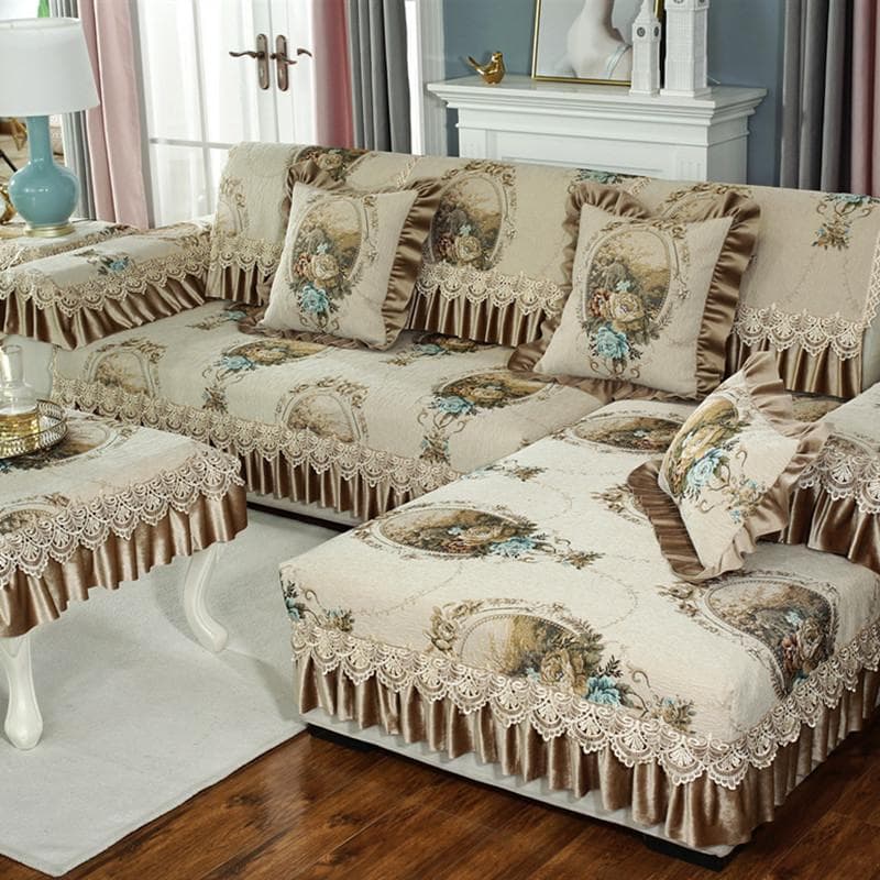 Europe Solid Color embroidery Sofa Covers for Living Room L-shape Non-slip Floral Lace Armrest Towel Couch Cushion Slipcover 90x240cm 1pcs