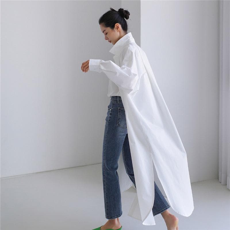 New Spring and Autumn Long-sleeved Single-breasted Shirt for Women, Long Korean Style Loose Large Size Casual Sun Protection Shirt XL white