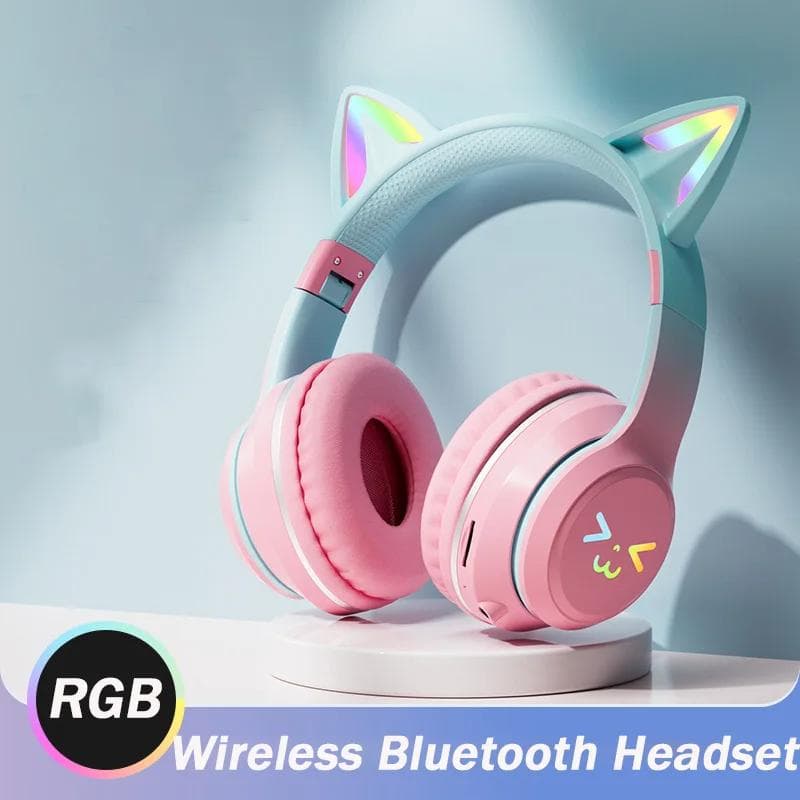 2024 New Cute Cat RGB Colour Lights Wireless Headphones Bluetooth 5.1 Stereo Music Gaming Headsets for Girls Kids Gift Headset with Microphone pink