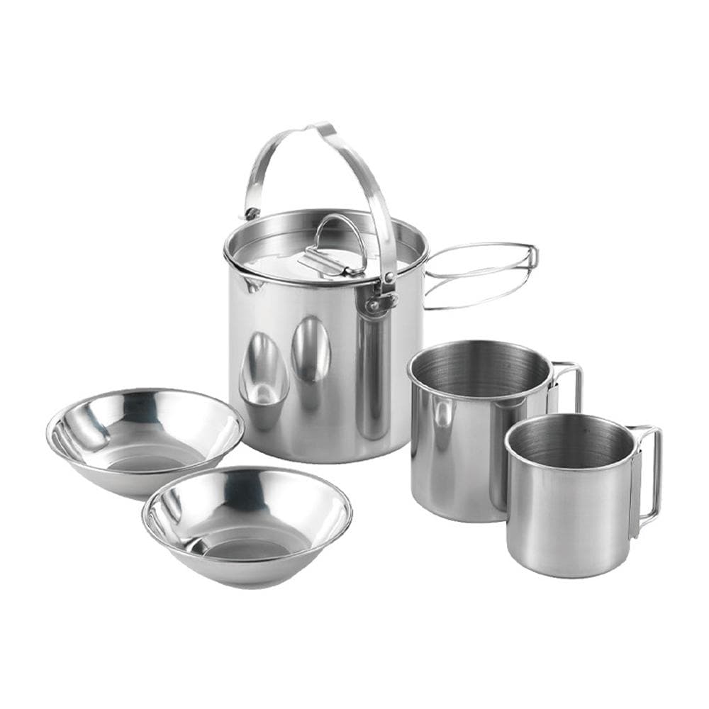 5pcs Camping Cookware Set Outdoor Portable Picnic Cookware Kit Stainless Steel Travel Tableware silver