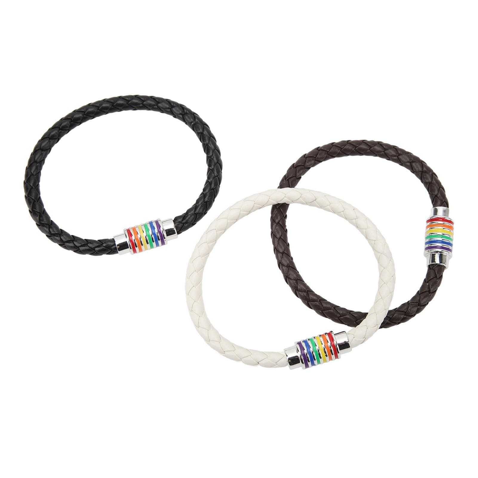 3PCS LGBTQ Bracelet Leather Stainless Steel Pride Woven Braided Magnet Lock Black Brown White LGBTQ