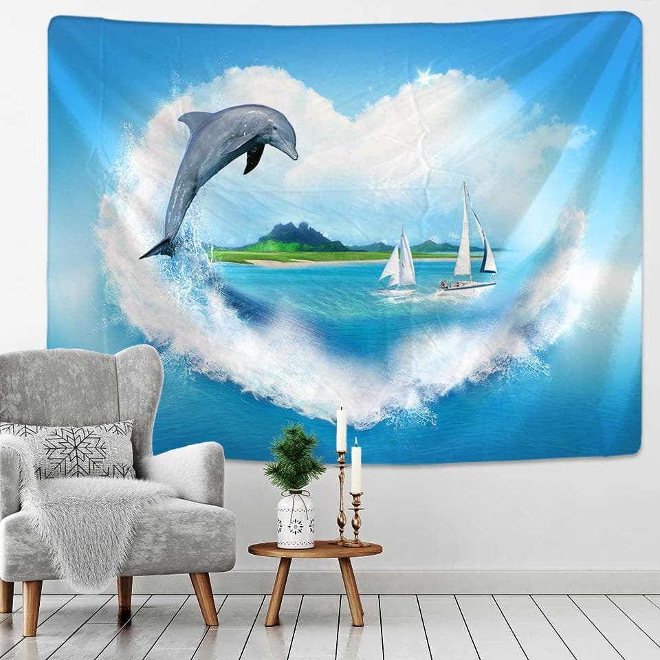 Dolphin Jump Tapestry Wall Hanging Blue Wave Sailboat Bohemia Sofa Carpet Desk Mat Bedroom Living Room Art Decor 150x100CM