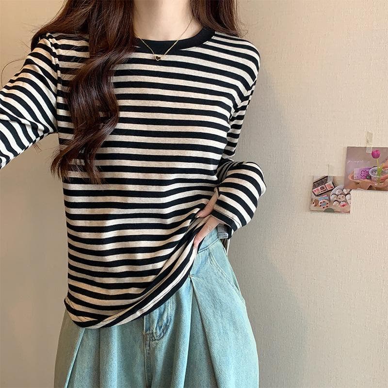 Retro Striped Base Shirt for Women In Autumn and Winter Design Ripped Long Sleeve Irregular T-shirt Slim and Slim Niche Top XL