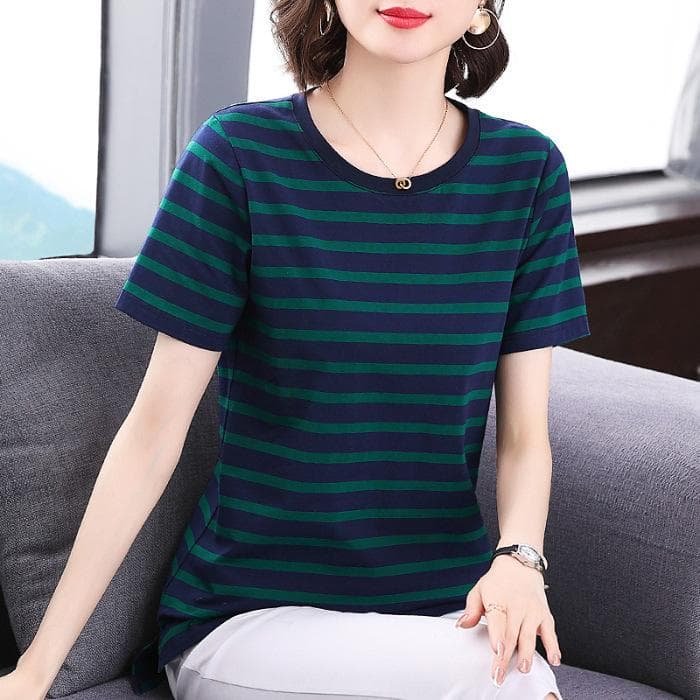New Summer Women's T-shirt Short-sleeved Top Large Size Loose Versatile Half-sleeved Striped Round Neck Mother's Shirt 5XL