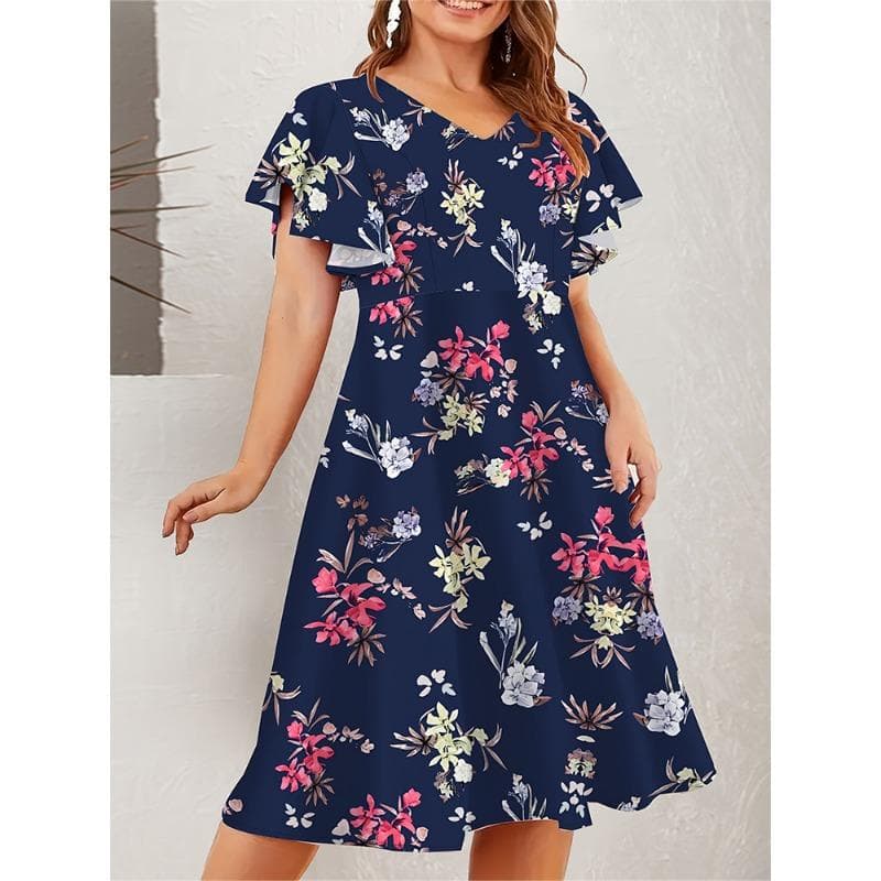 Plus Size 2024 Summer New V-Neck Floral Dress Knee Loose Temperament Elegant Dresses Best Choice for Summer 5XL