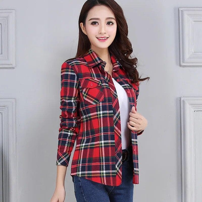 Women's Spring and Autumn Plaid Shirt Casual Long Sleeve Pocket Cotton Shirt XXXXXL