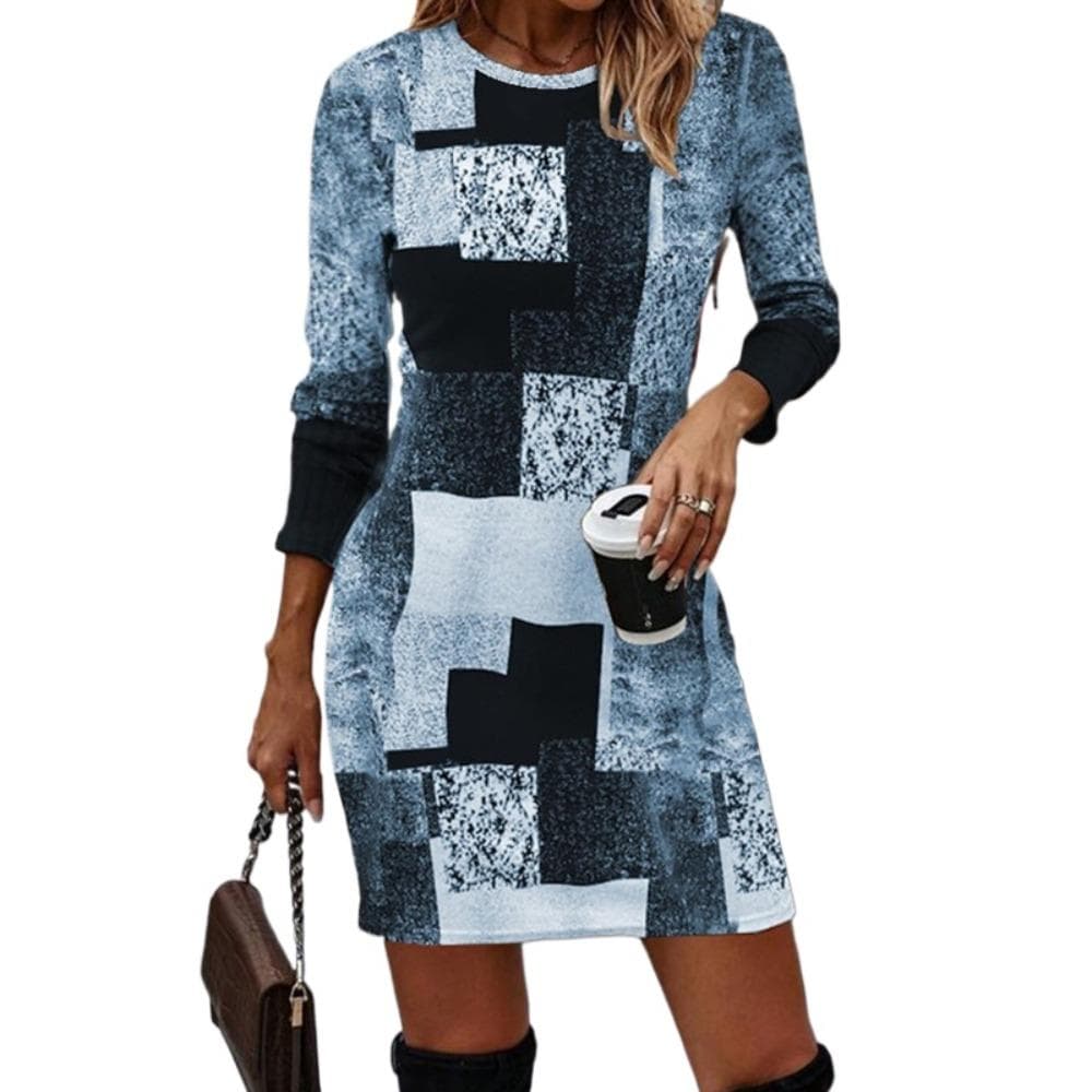 GMXIA Women's Fashion Summer Spring Colour Block Print Long Sleeve O-Neck Casual Dresses XXXL blue