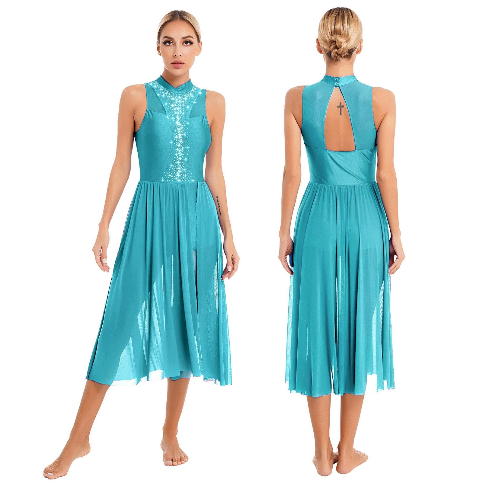 Women Lyrical Dance Costume Contemporary Dance Leotard Dress Dancewear Performance Costume S lake blue