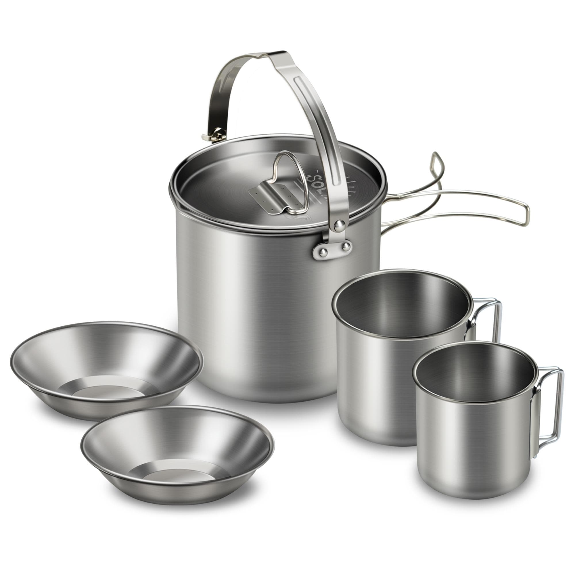 5PCS Stainless Steel Kettle with 2 Cups 2 Bowls Foldable Handles Lid Large Capacity Portable Tea silver