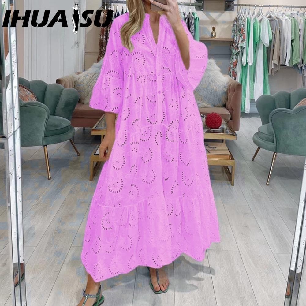 IHUASU 8 Colors S-5XL Women's Fashion Summer Spring Solid Color Print 3/4 Sleeve V-Neck Casual Dresses L pink