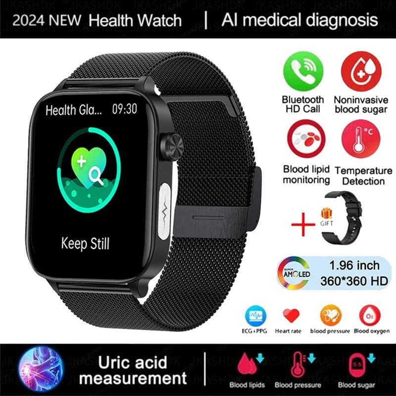 2024 New ECG+PPG Uric Acid Non-Invasive Smartwatch Men Bluetooth Call Heart Rate Blood Pressure Smart Watch Women Silicone + Milan mesh black
