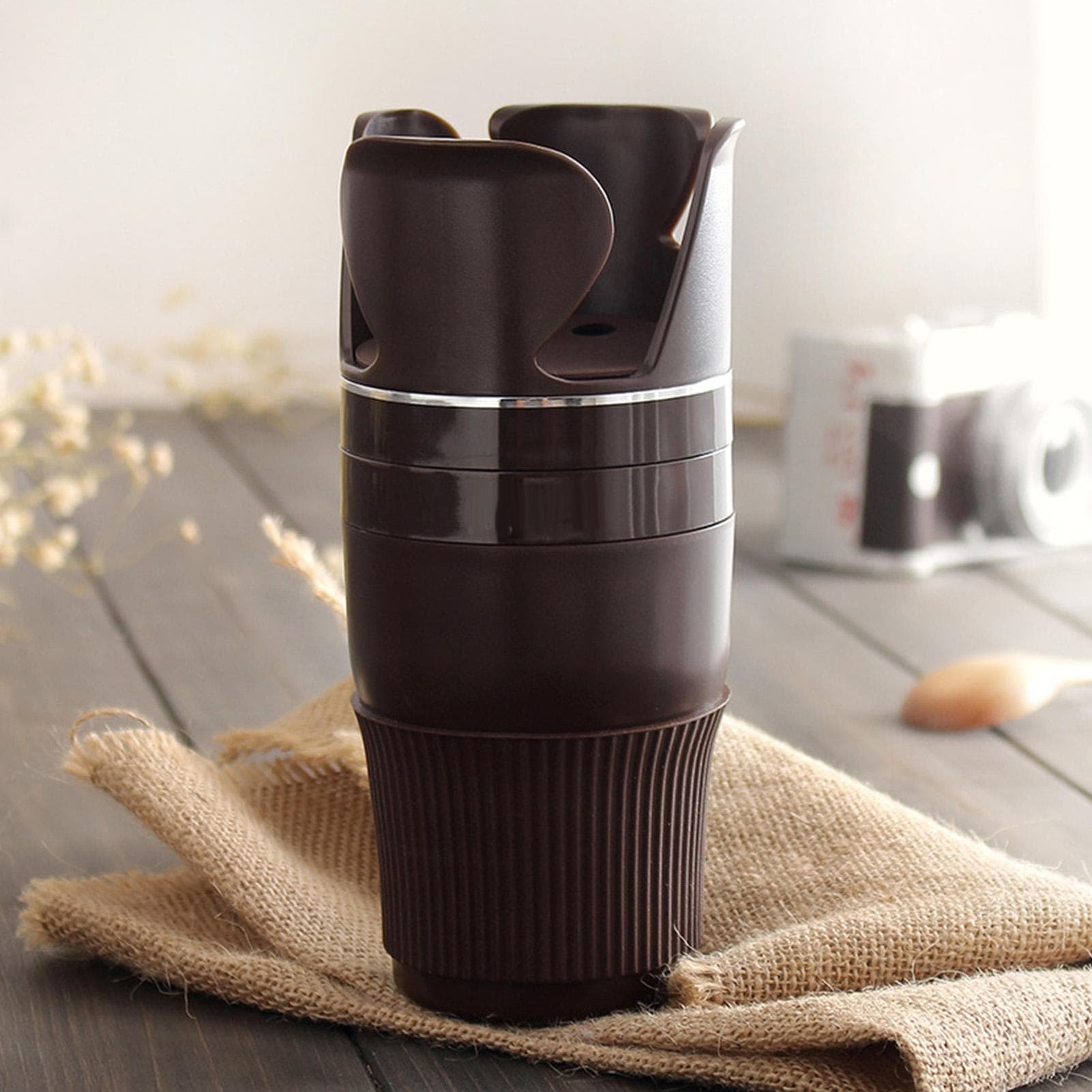 Car Storage Cup Holder 360 degrees Rotating Multifunctional Non Slip Silicone Ring for Key Tea Cups Brown brown