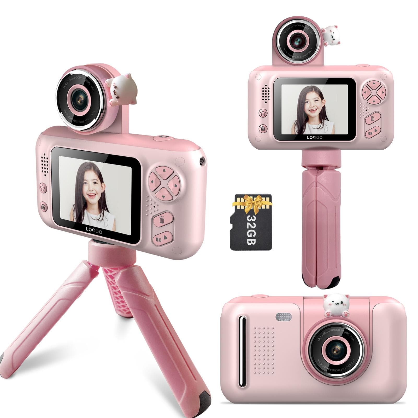 1080P Kids Digital Camera Mini Video Camera for Kids 40MP 2.4 Inch IPS Screen 180 degrees  Rotatable Lens pink