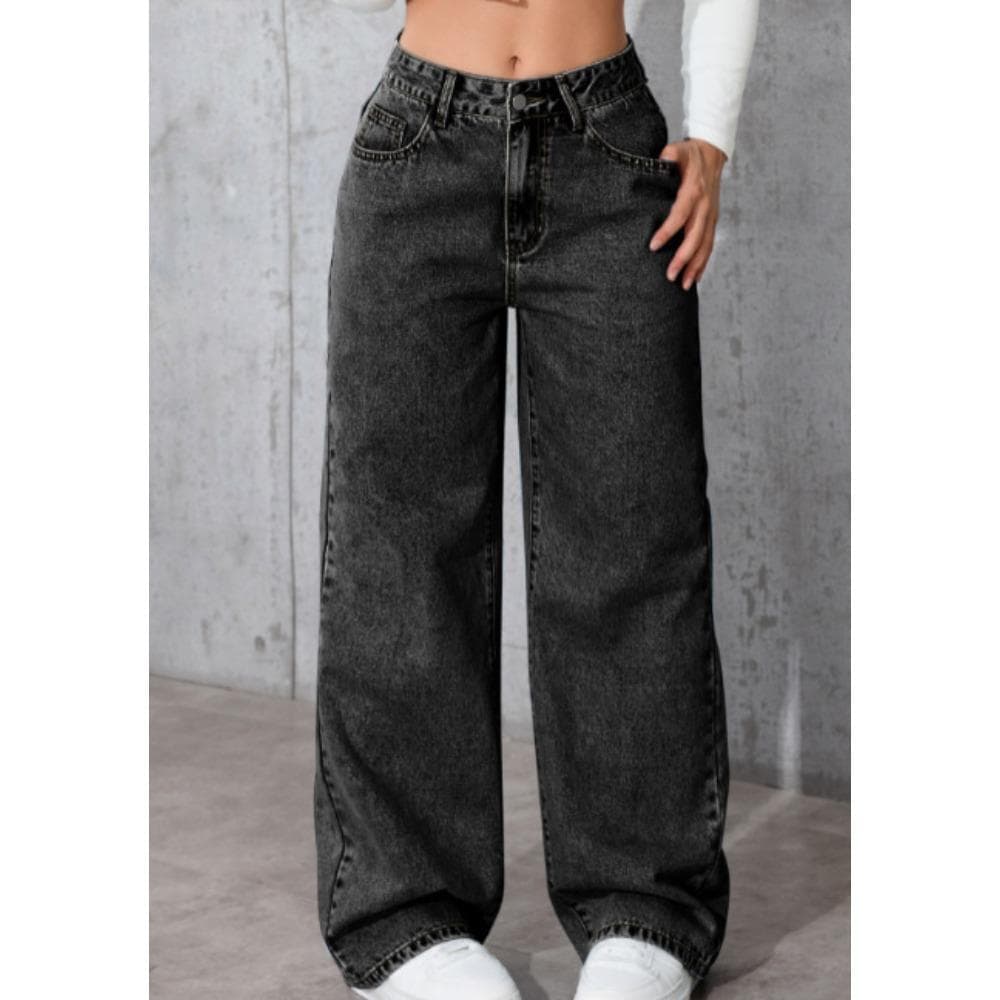Women's High Waist Straight Leg Jeans, Loose Wide Leg Denim Pants, Acid Washed Light Blue Stretchy Jeans with Pockets, Casual Office Work Trousers XL gray/black