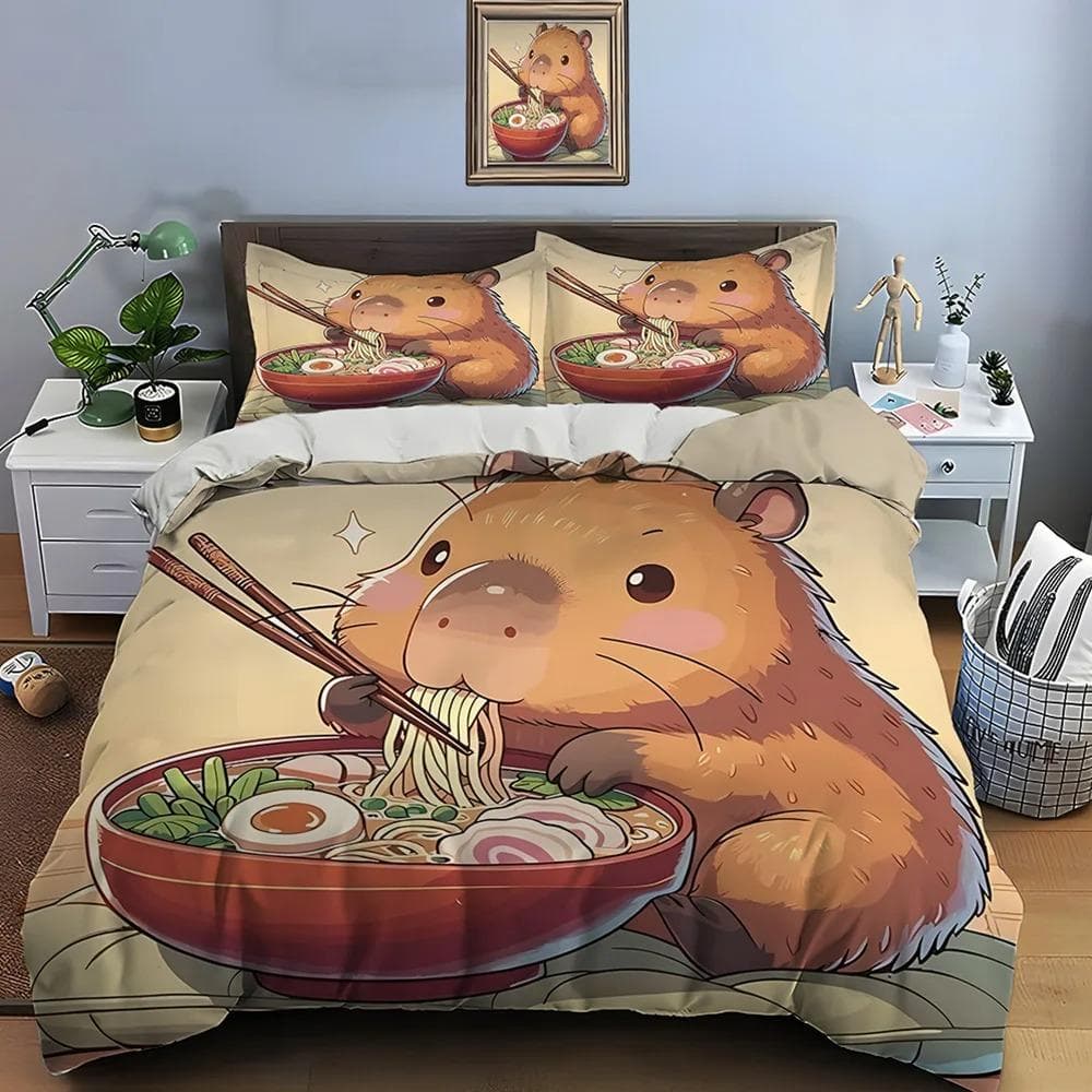 Cute Cartoon Capybara Print Bedding Set Duvet Cover 1 Duvet Cover 2 Pillowcases Adult and Boys Bedding Set Luxury Gifts EU single(135x200cm)