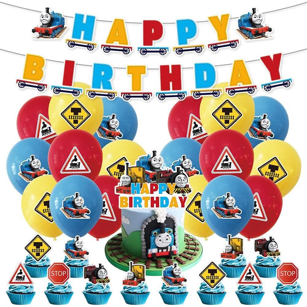 Train Birthday Party Supplies Include Cake Topper, a Banner, Balloons