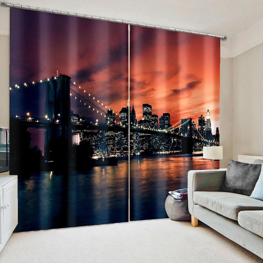 Custom Curtain Pattern Living Room City Night View 3D Photo Printing 2 Piece Sunshading Curtains For Room Decoration Drapes 100W160H(CM)40x63in&Grommet Top
