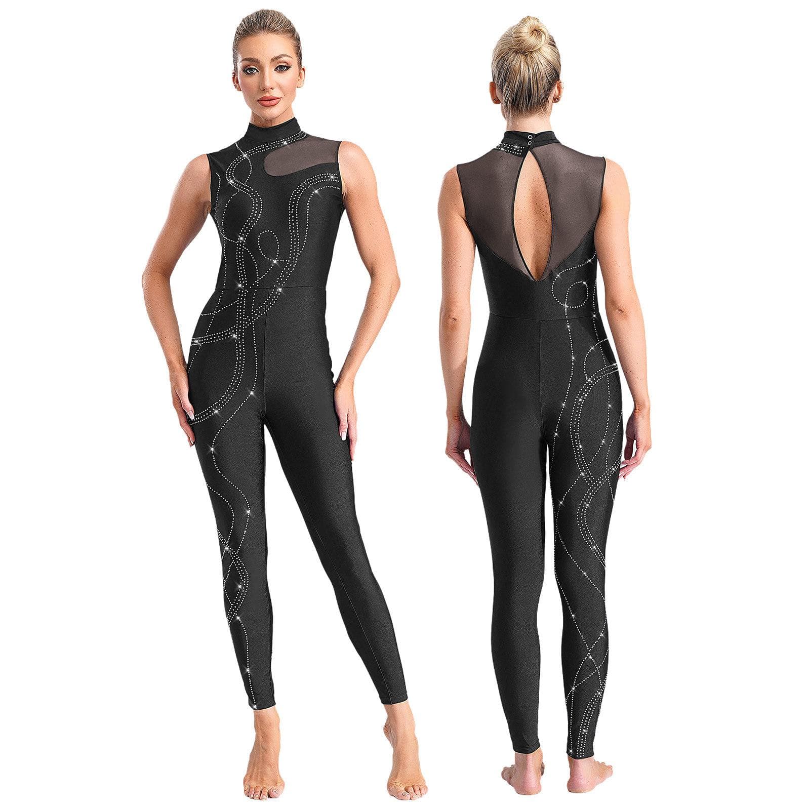 Womens Shiny Rhinestones Gymnastics Figure Skating Ballet Dance Unitards Tight Fitting Jumpsuit Performance Bodysuit Costume L black