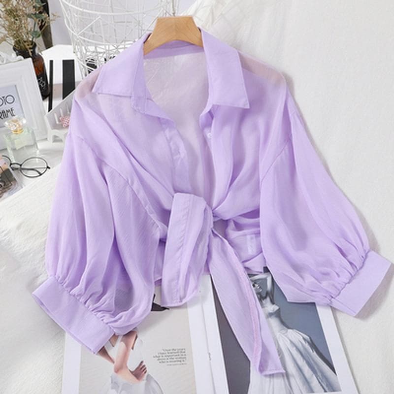 2024 Half Sleeve Chiffon Buttoned Up Shirt Loose Casual Blouse Women Simple Summer Shirts Tied Waist Elegant Blouses for Women 97761 XXL purple