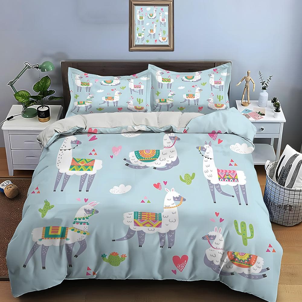 Cute Cartoon Llama Alpaca Print Bedding Set Duvet Cover 1 Duvet Cover 2 Pillowcases Adult and Children Bedding Set Luxury Gifts EU single(135x200cm)