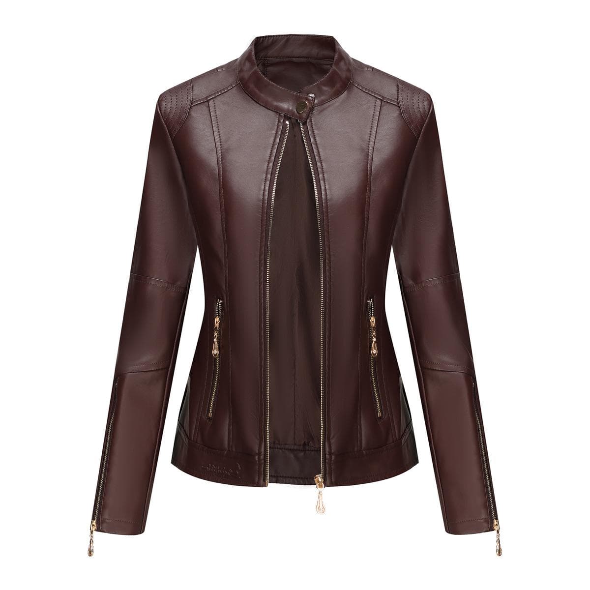 New Fashion Women's Leather Jacket PU Leather Short Coat Stand Collar Jacket Women's Spring and Autumn Thin Leather Jacket Navy Blue Leather Jacket S