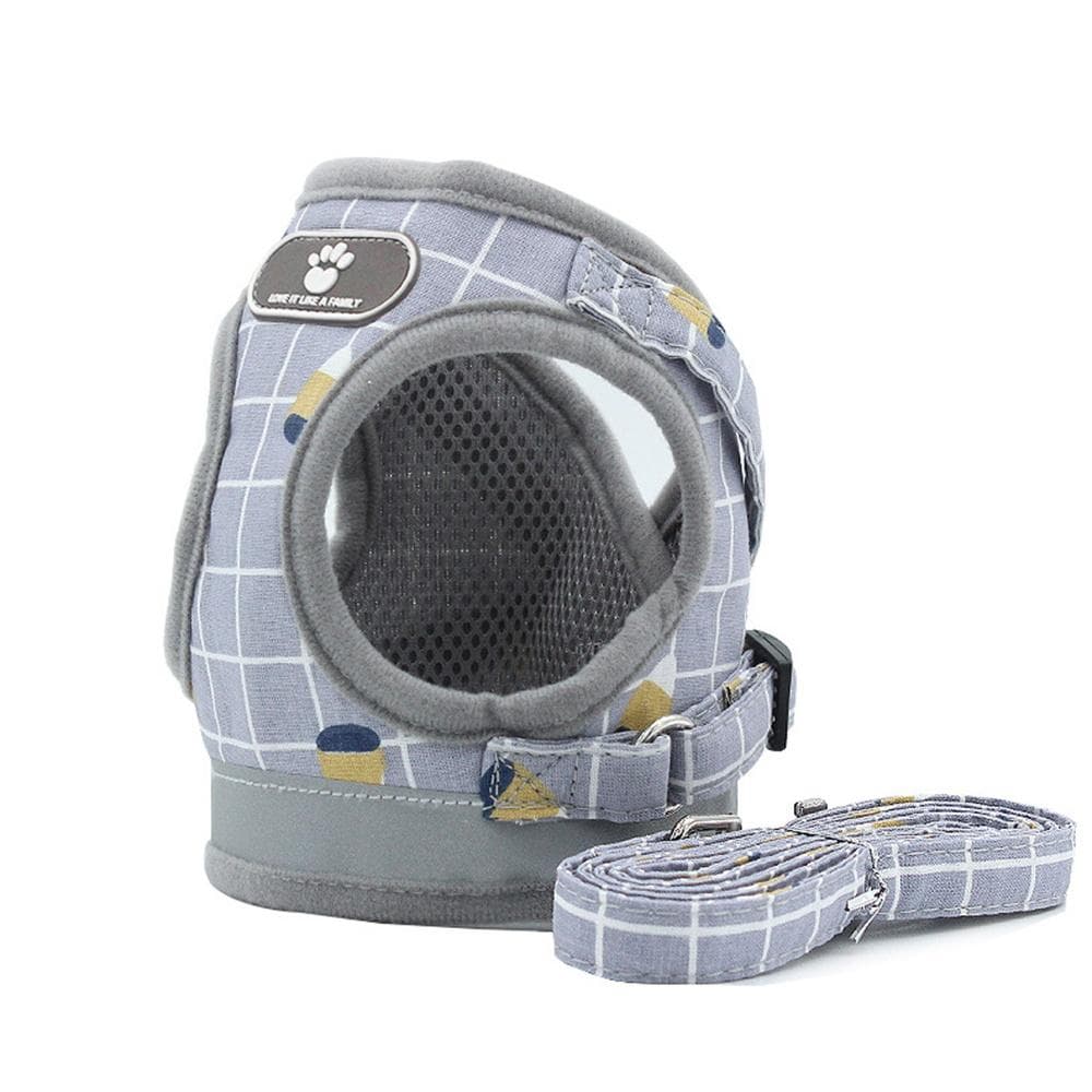 Pet Dog Cat Harness with Leash Adjustable Vest Walking Supplies Soft Breathable Plaid Collar Puppy for Small Medidum Large Dogs M grey