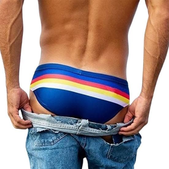 Slim Fit Quick Drying High Elasticity Swimming Trunks Low Rise Striped Print Men Swimming Briefs for Vacation M blue