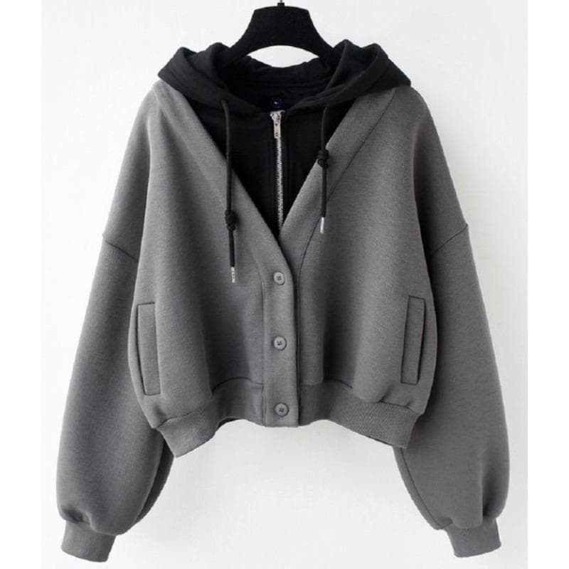 Fake Two-piece Hooded Sweater Cardigan Women's Design Sweatshirt Coat New Style XL