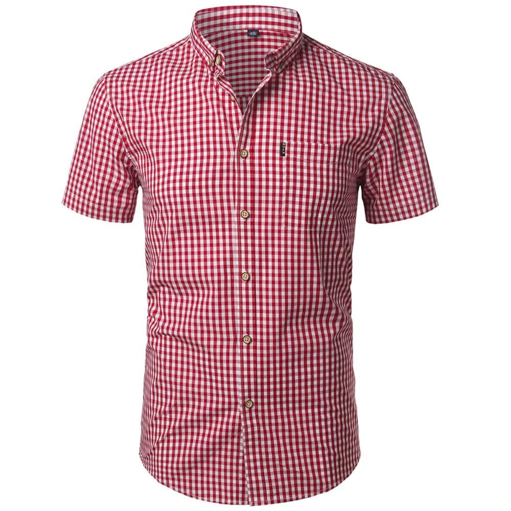 Men Small Plaid Button Down Shirt Summer New Short Sleeve Slim Fit Mens Dress Shirts Casual Checks Gingham Chemise Homme M red