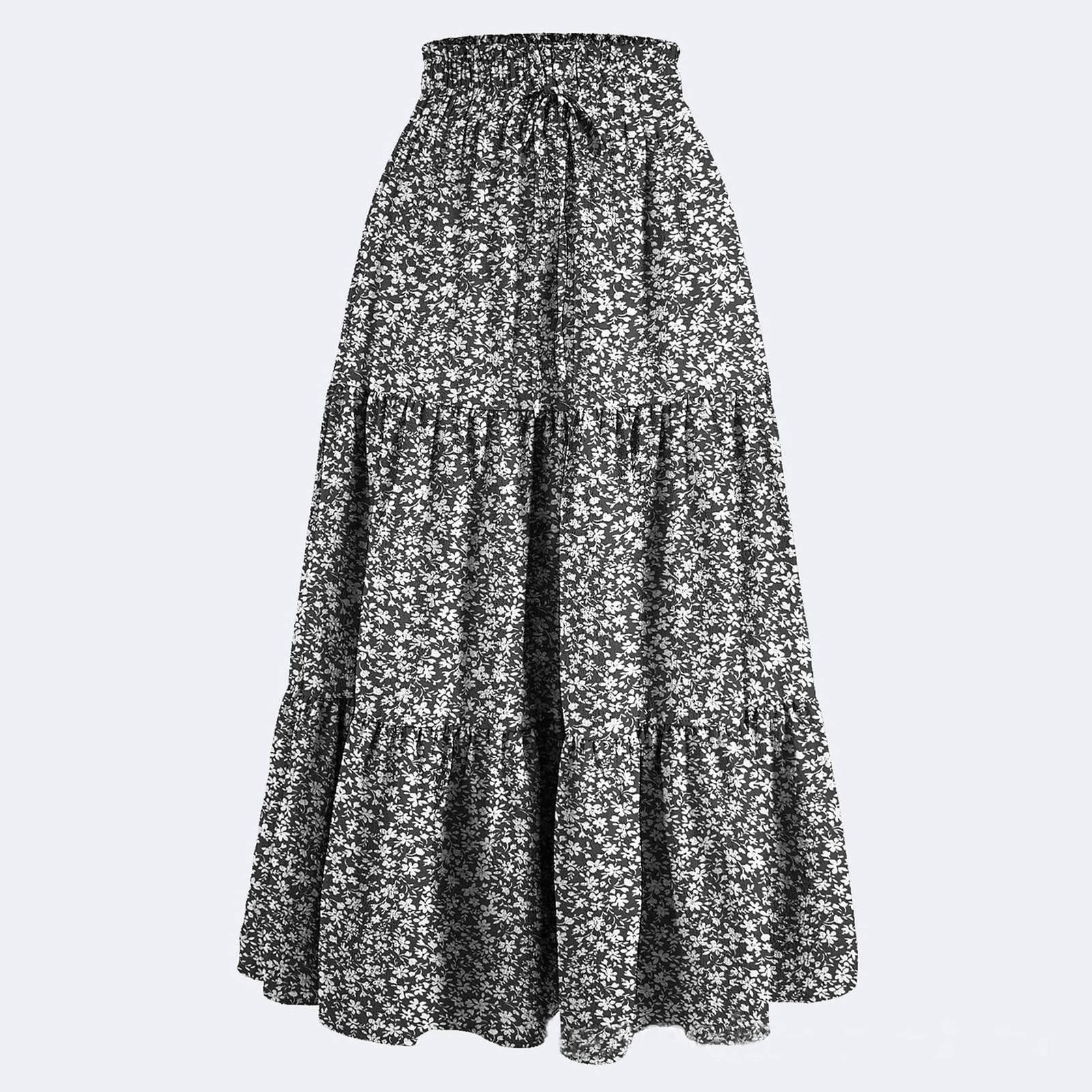 Women's Fashion Solid Color Floral Drawstring Elastic Waist Loose Long Skirt S