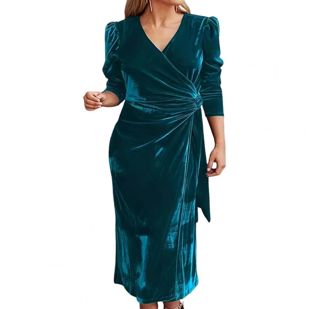 Women Autum Spring Dress Cross V Neck Solid Color Lace-up Tight Waist Velvet Mid-calf Length Long Sleeves Pleated Dating Commuti M green