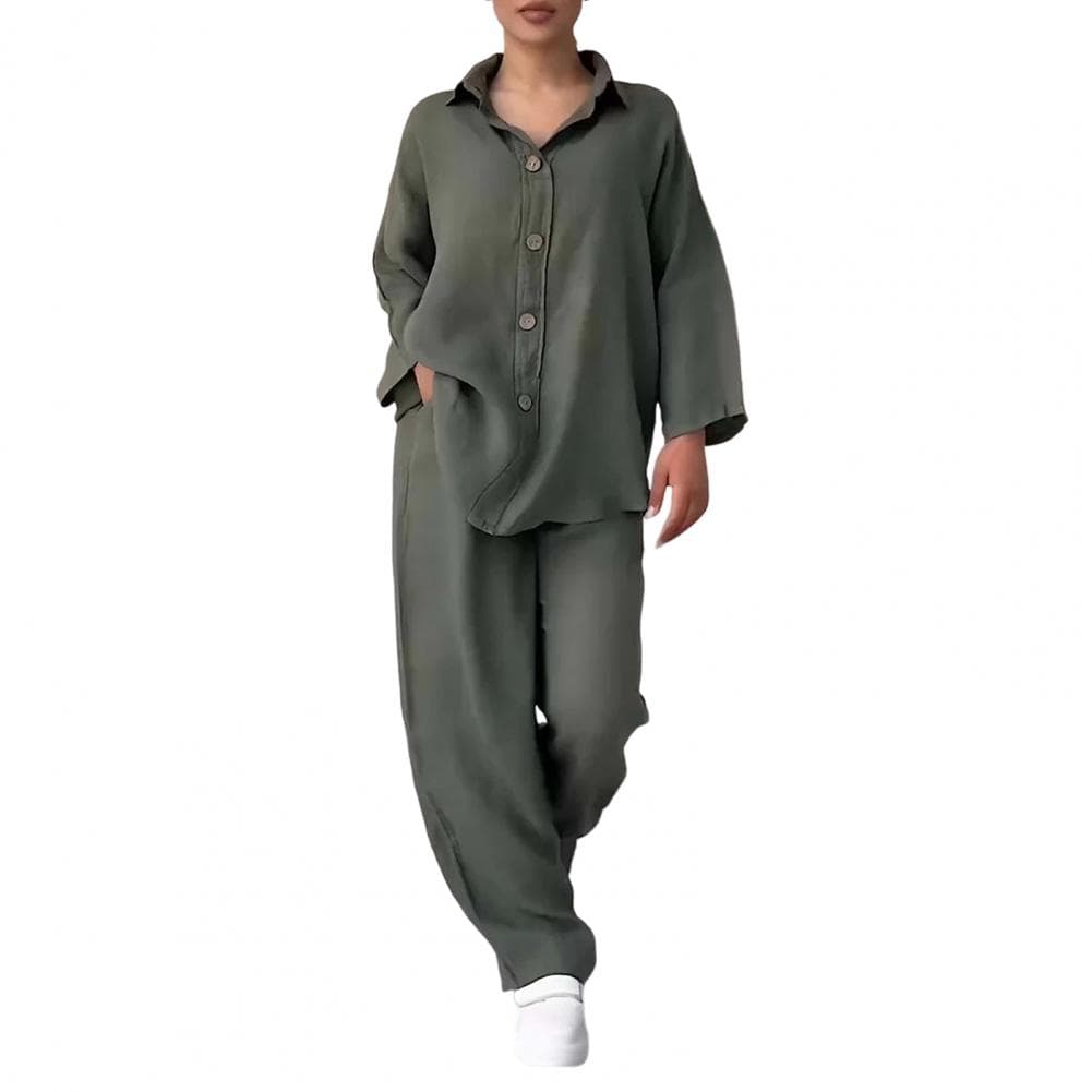 2 Pcs/Set Women Blouse Pants Set Plus Size Lapel Long Sleeves Top Wide Leg Loose Thin Elastic Waist Trousers Casual Homewear Out M army green