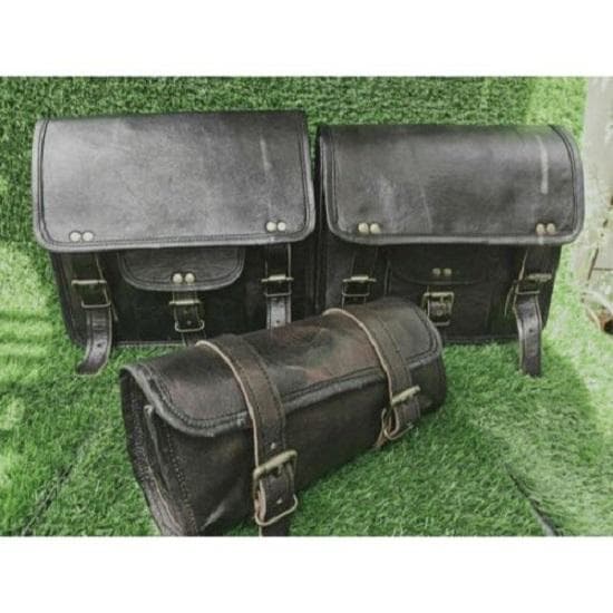 Genuine Black Leather COMBO 3 Motorcycle Saddle Bag Panniers Tool Pouch Side Bag black