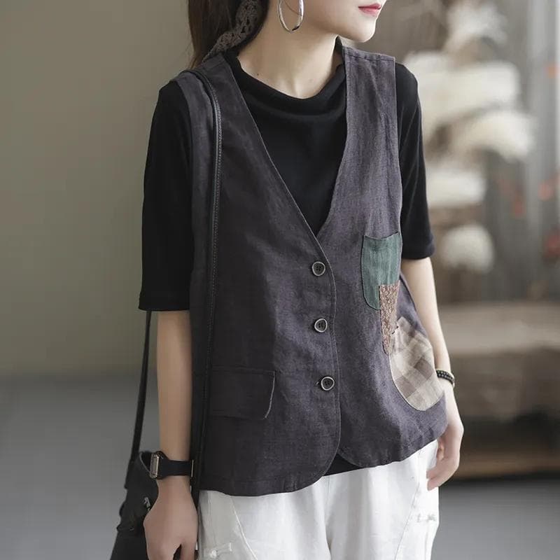 Vest Women's Casual Retro Loose Sleeveless Vest Waistcoat Vest Jacket M grey