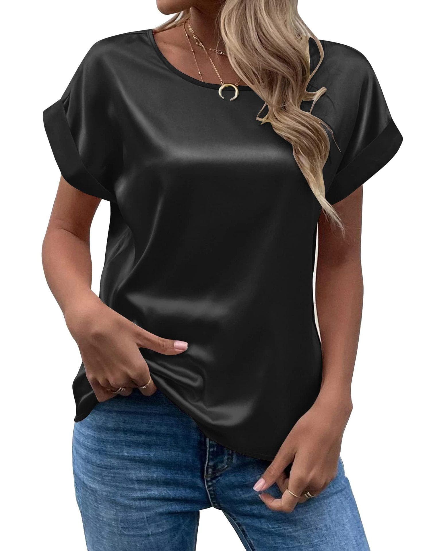 New Women's Short Sleeve Satin Shirt Loose Casual Round Neck Colored Ding T-shirt Women Spring and Summer XL black