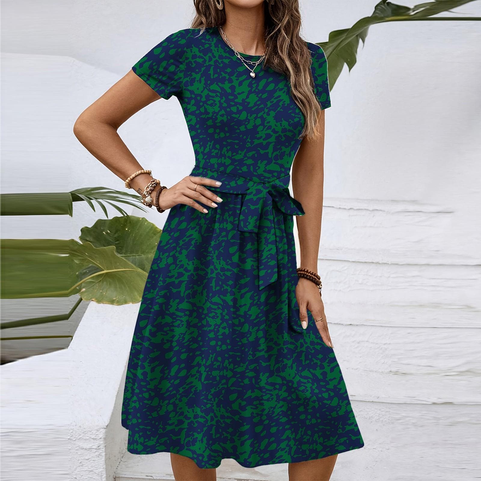 Women's Fashionable Retro Patterned Printing Color Blocked Belt Casual Dress S Dark blue