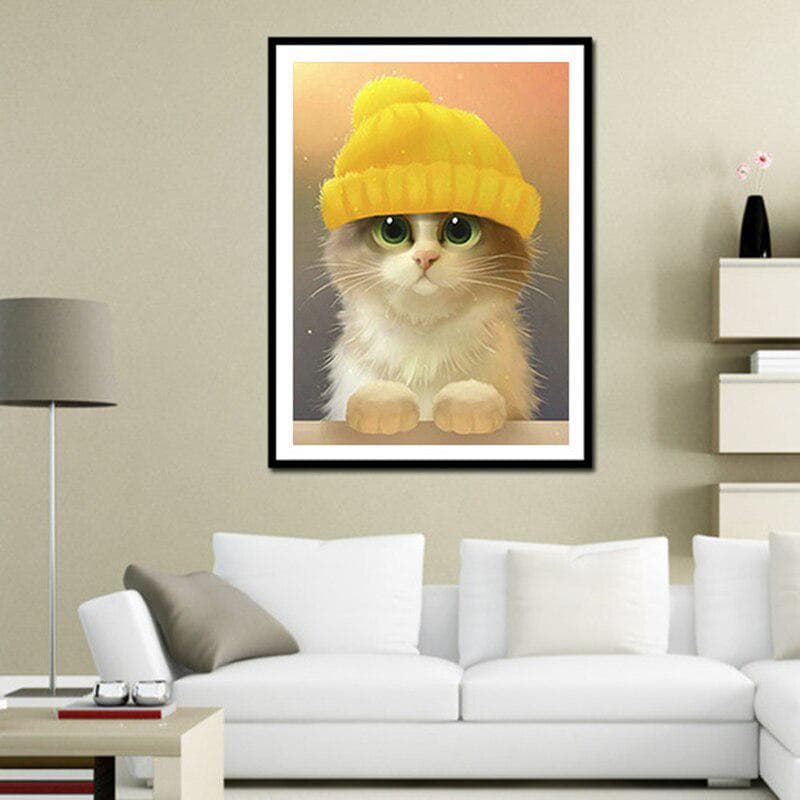 Diamond Painting Christmas Diamond Embroidery Full Rhinestones Cute Cat with Yellow Hat Cross Stitch 20X30CM