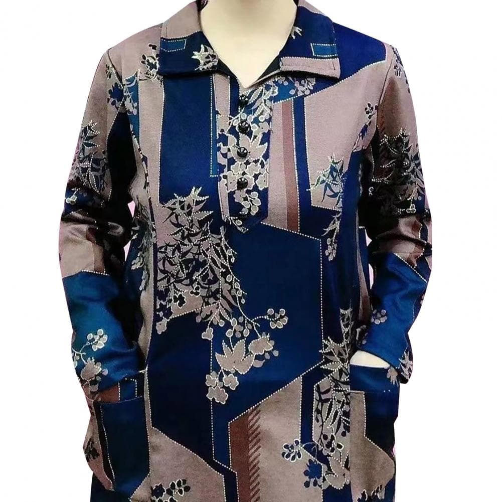 Comfortable Top Geometric Print Lapel Shirt with Pockets Retro Style Long Sleeve Top for Women Loose Fit Pullover for Body XL blue