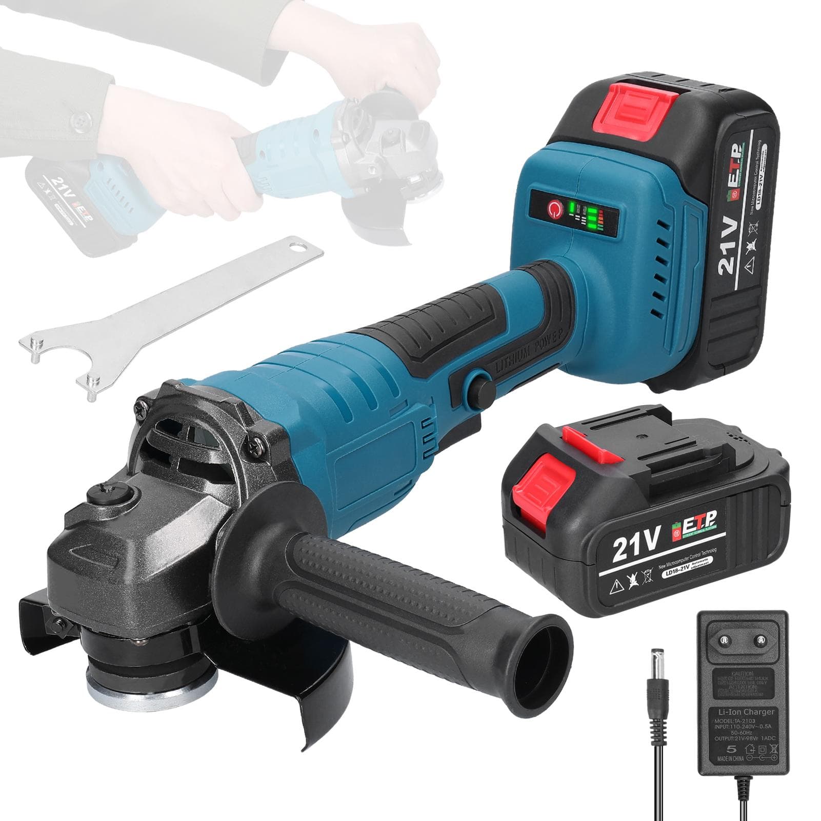 21V M14 Angle Grinder Brushless Motor Electric Grinding Tool Multifunctional Lithium Cutting 2pcs batteries EU Plug multicolour