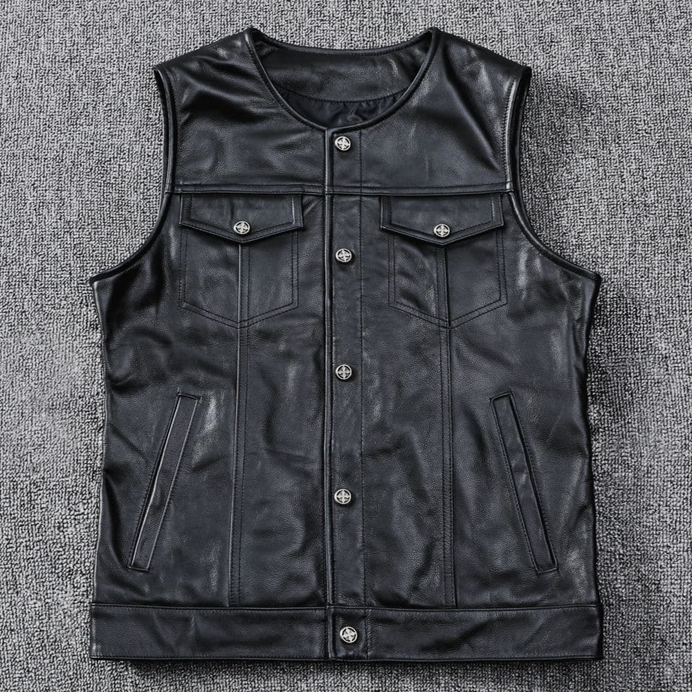 Harley Son of Chaos Motorcycle Waistcoat Back Heart Layer Cowhide Leather Fine Soft Leather Round Collar Short Slim Shape 5XL