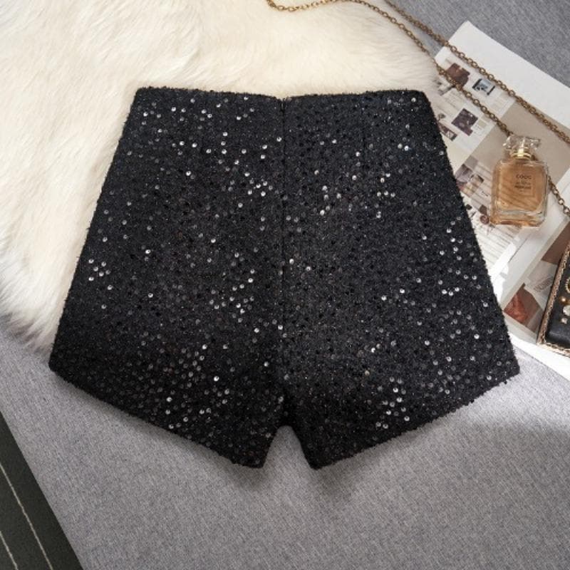 Small Fragrance Style White Sequin Design Shorts for Women's New Winter Sweet and Spicy Trendy High-waisted Casual Boot Pants XL black