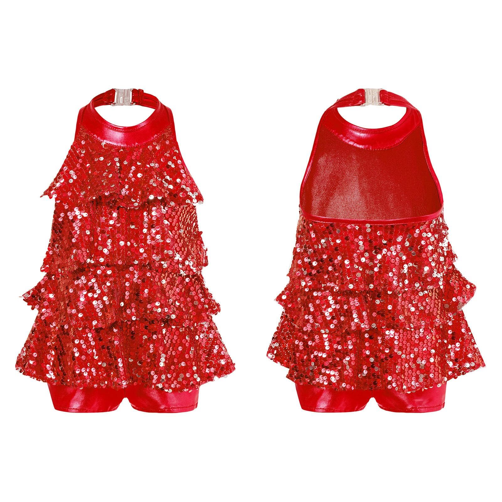 Dancewear for Kids Girls Halter Neck Shiny Sequins Jazz Dance Costume Shorty Unitard Dress 11-12 Years red